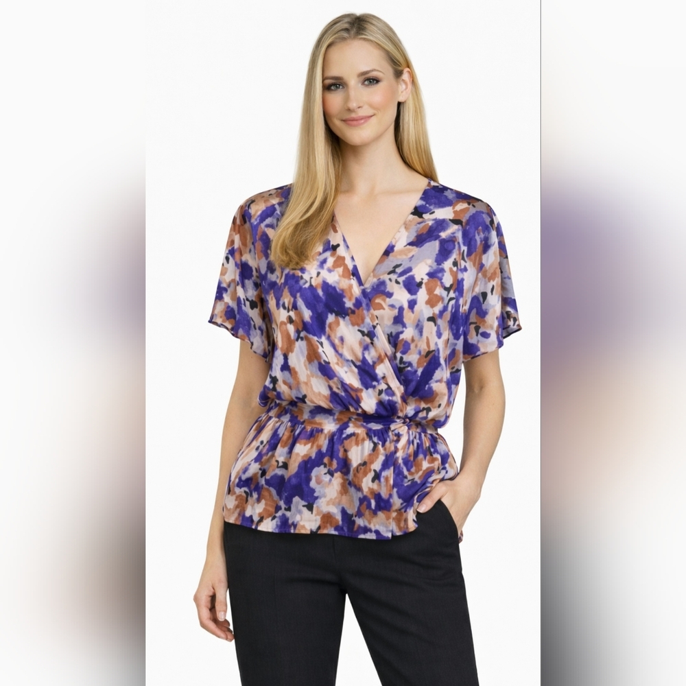 Nine West Shirt Womens XXL Blue Abstract Print V Neck Plunge Short Sleeve
